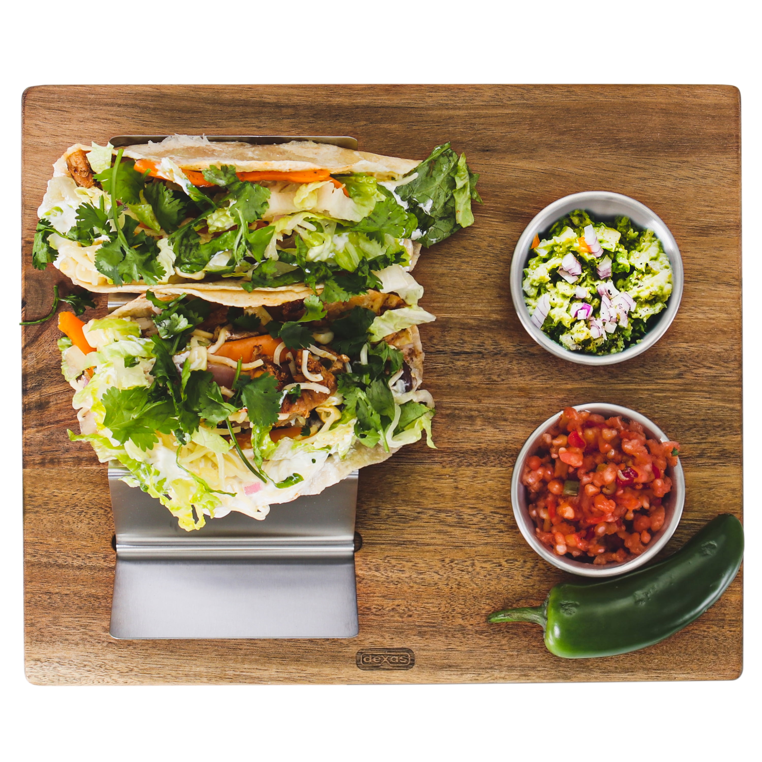 Dexas Acacia Wood Taco Serving Board with Two 2oz Stainless Steel Cups and Taco Holder