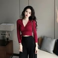 thumbnail image 6 of Praeter Sexy Slim V-neck Wrapped Women's Crop Tops Fashion Novel Solid Color Long-sleeved T-shirts, 6 of 7