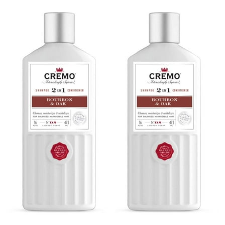 Cremo Barber Grade Bourbon & Oak 2-in-1 Shampoo & Conditioner, 16 Oz (Pack of 2)
