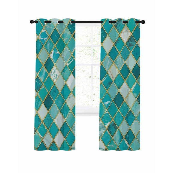 Turquoise Ombre Blackout Curtains, Light Blocking Print Window Curtains, Modern Abstract Art Geometric Rhombus Thermal Insulated Window Drapes for Living Room Kitchen Cafe 2 Panels, 104"W x 52"L