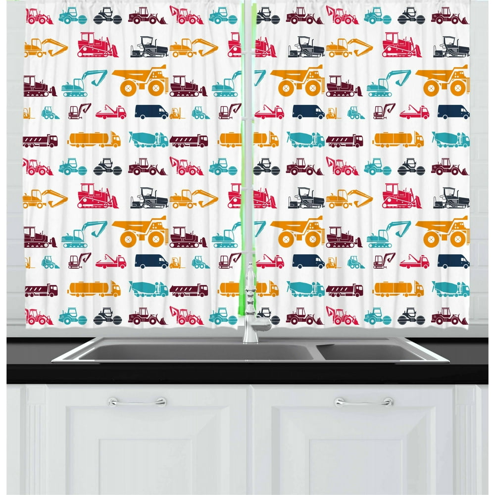 Construction Curtains 2 Panels Set, Collection of Heavy Trucks Vehicles