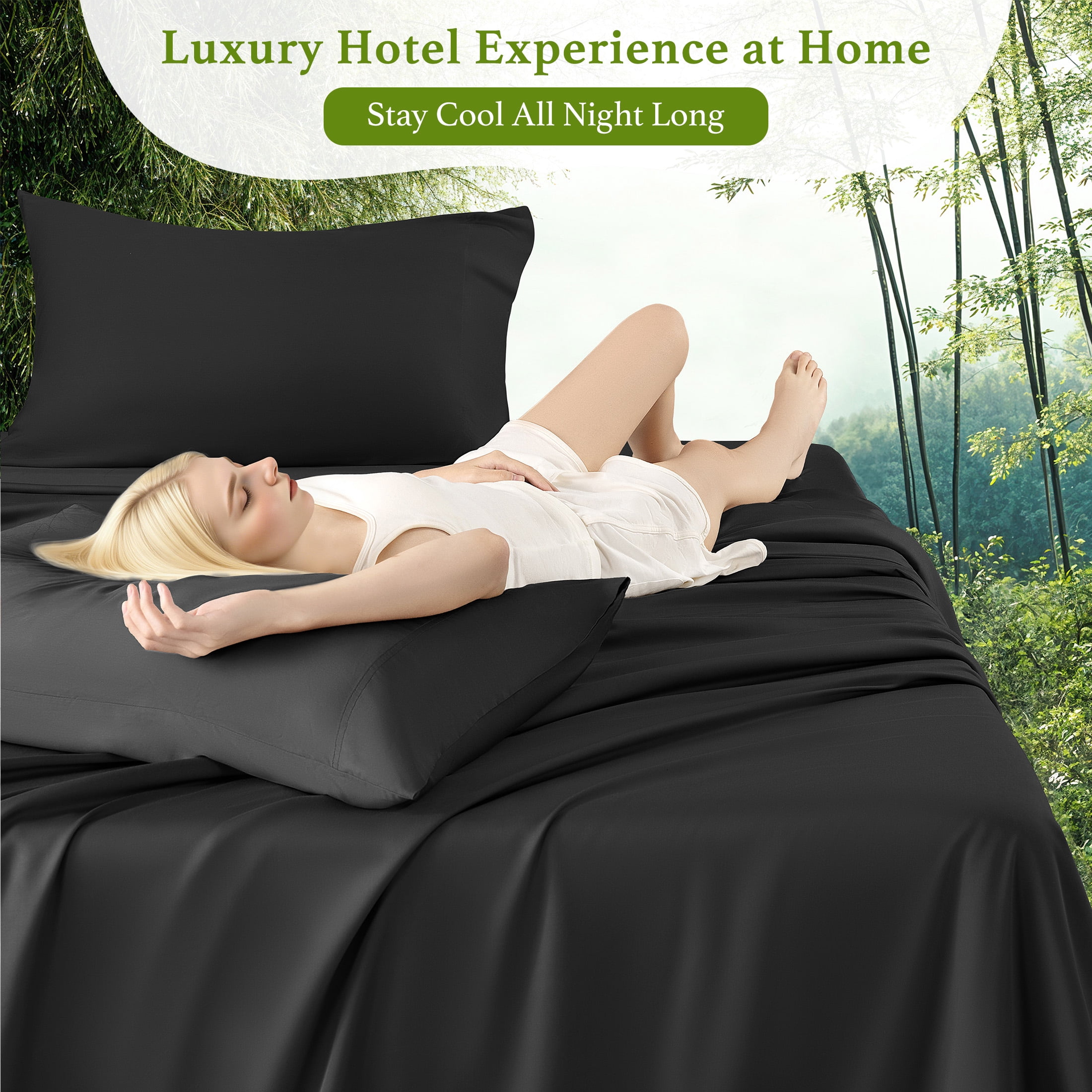 Baauye Cozy Bamboo Sheets Set, 4-Piece Full Sheet Set with 16" Deep Pockets, Soft and Breathable Bed Sheets, Black