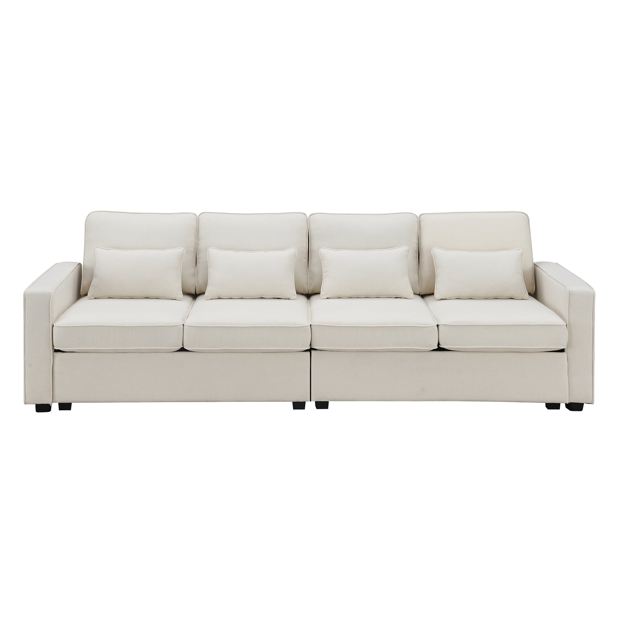 4-Seater Modern Linen Fabric Sofa with Armrest Pockets and 4 Pillows,Minimalist Style Couch for Living Room, Apartment, Office