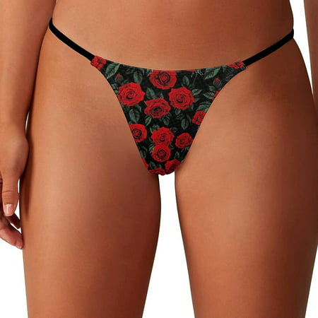 

Vintage Red Rose Floral Women s G-String Thongs Low Rise Hipster Underwear Stretch T-Back Panties