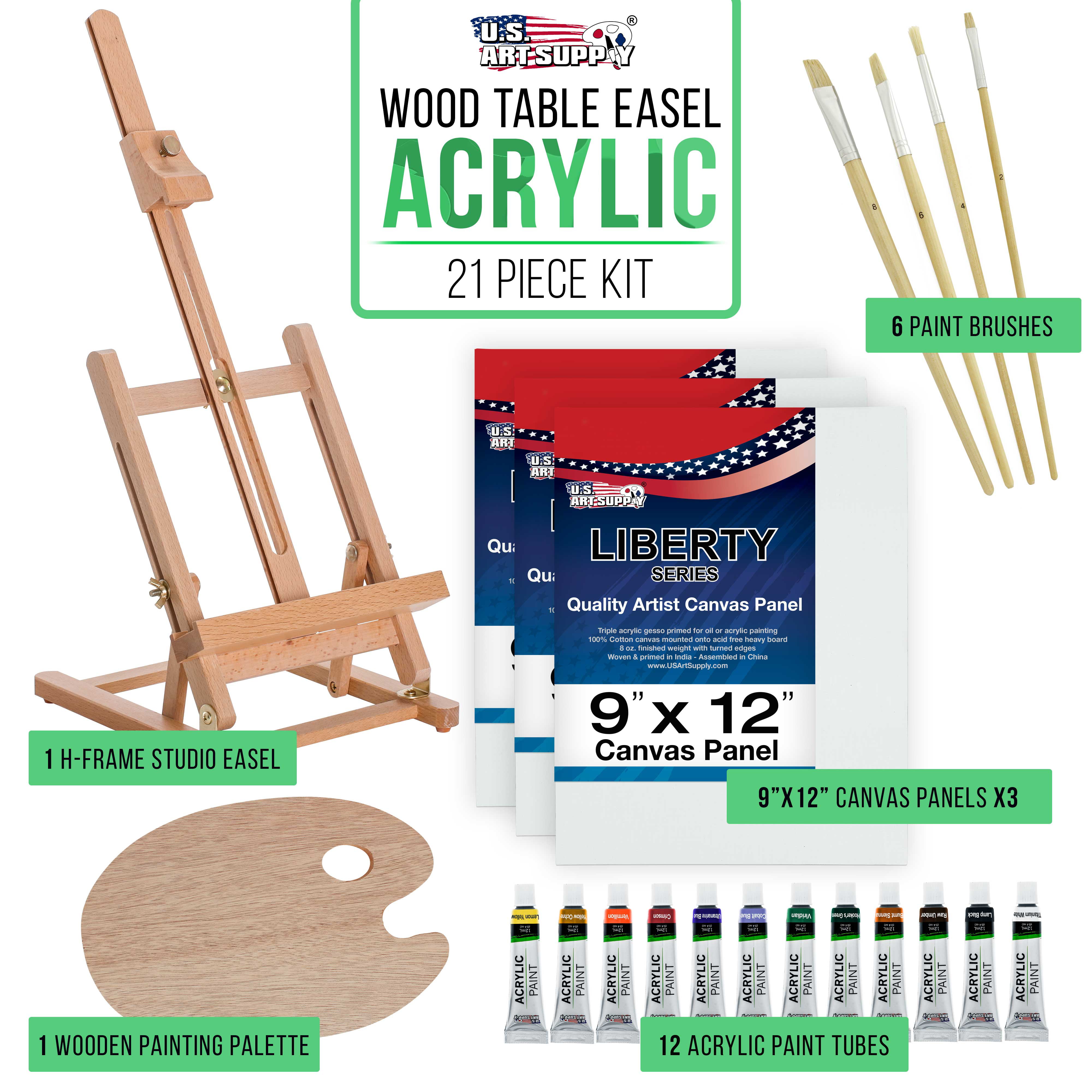 U.S. Art Supply 39-Piece Acrylic Artist Painting Set - Aluminum Table Easel 12 Acrylic Colors Stretched Canvas Paint