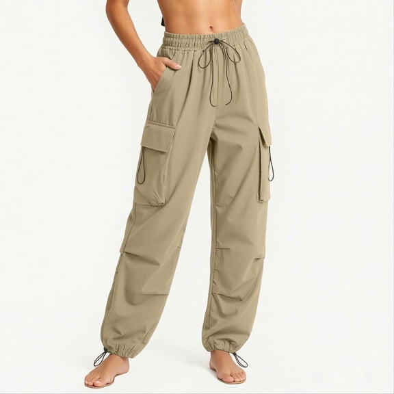 Cagogo Women Plus Size Cargo Pants Drawstring Loose Long Pants Casual Sporty Hiking Yoga Athletic Lounge Activewear, Khaki 4XL