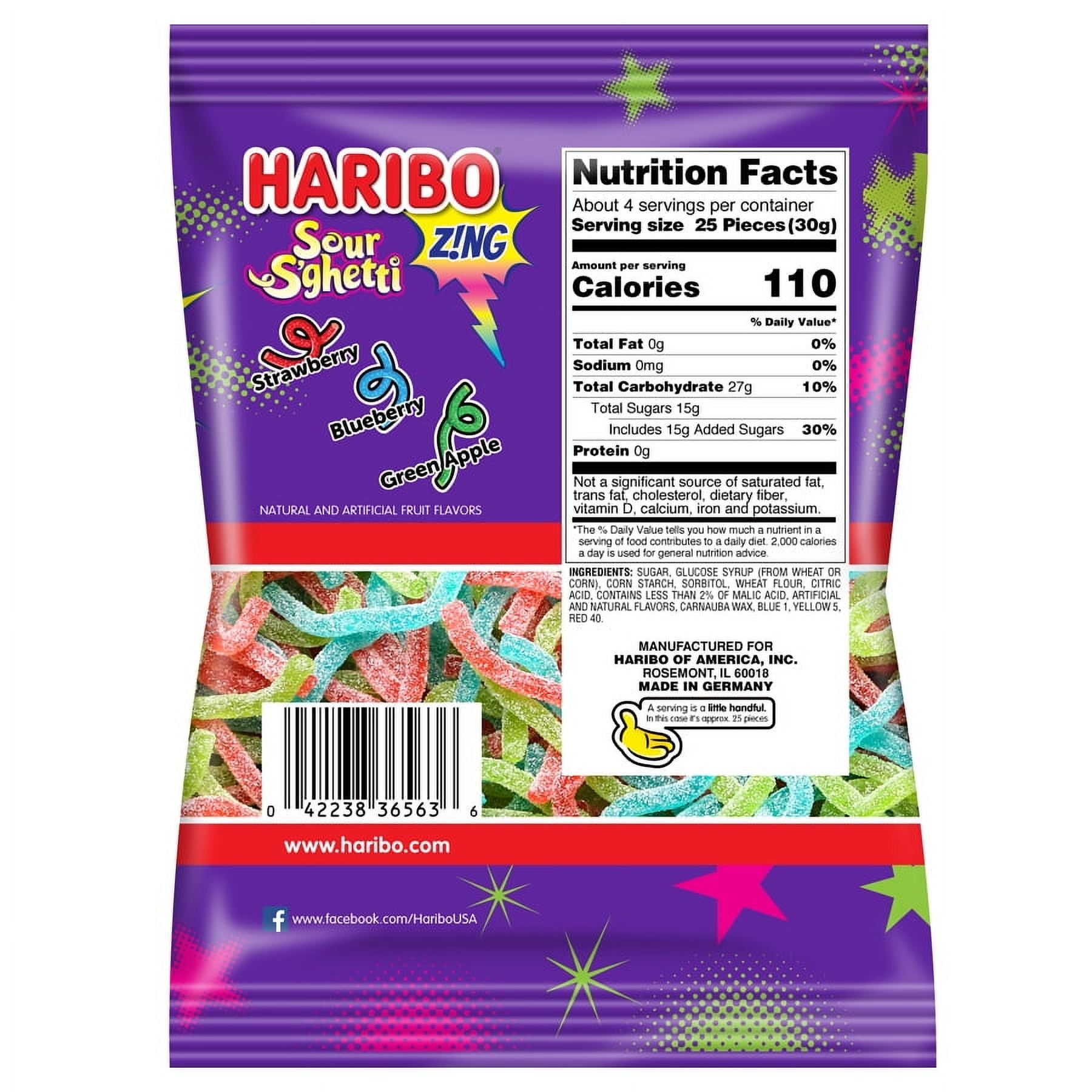 HARIBO Zing Sour S'ghetti Gummies Original Assorted Fruit Flavor Sour Gummy Candy, 4oz, Share Size Peg Bag