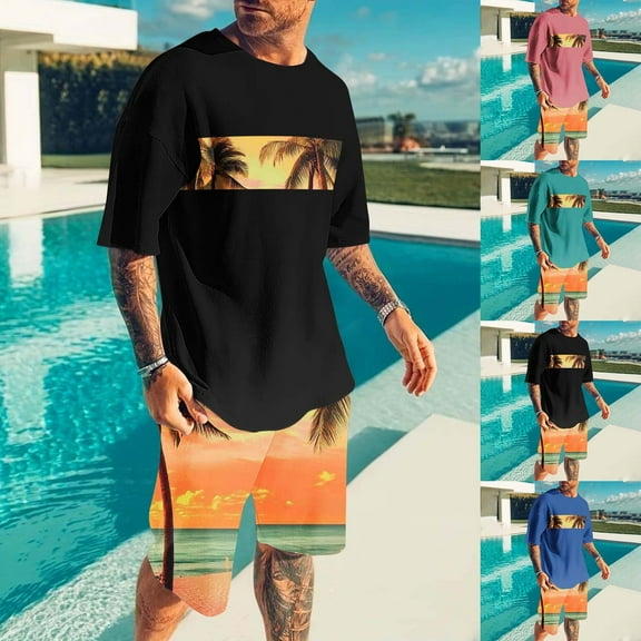 VBTAPA Men's Summer Tracksuit 2 Piece Beach Outfits Tropical Print Crewneck Tee and Shorts Set Casual Sweat Suit with Pockets Sales of Today Black XXXL