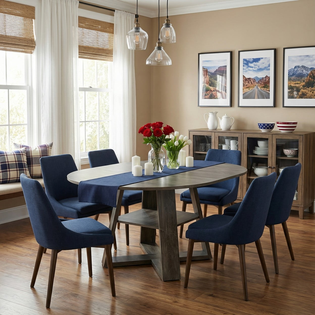43.3"-59" Extendable Round Dining Table for 4-8, Modern Farmhouse Oval Kitchen Table with Storage Shelf, Wood Pedestal Base, Space Saving Dining Room Table, Gray