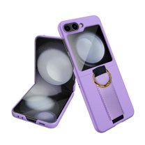 Dteck for Samsung Galaxy Z Flip 5 Case, Shockproof Protective Phone Case for Slim Galaxy Z Flip 5 with Wrist Strap Ring Kickstand Integrated Back Screen Tempered Glass Protector, Purple