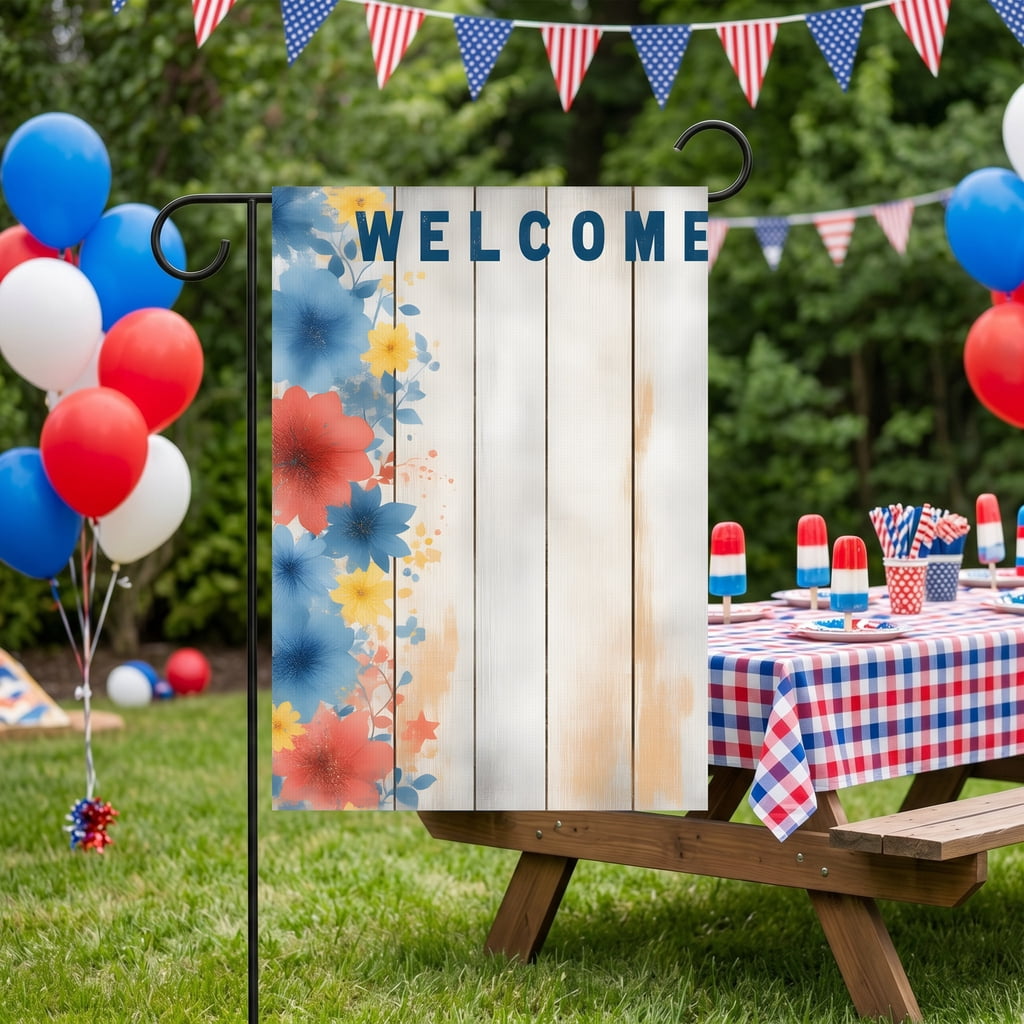 Americana Garden Flag - A Welcome Sign with Colorful Flowers on a Wooden Background - WELCOME AMERICA 28 x 40 Inch Classic Size for Outside