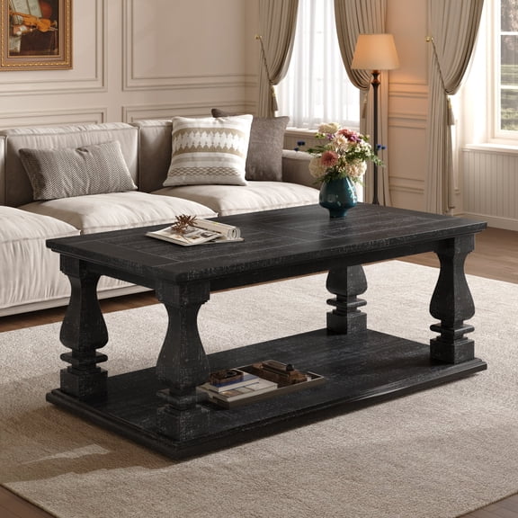 Atumcto 47" Modern Farmhouse Rectangular Coffee Table with Storage Shelf, Distressed Black