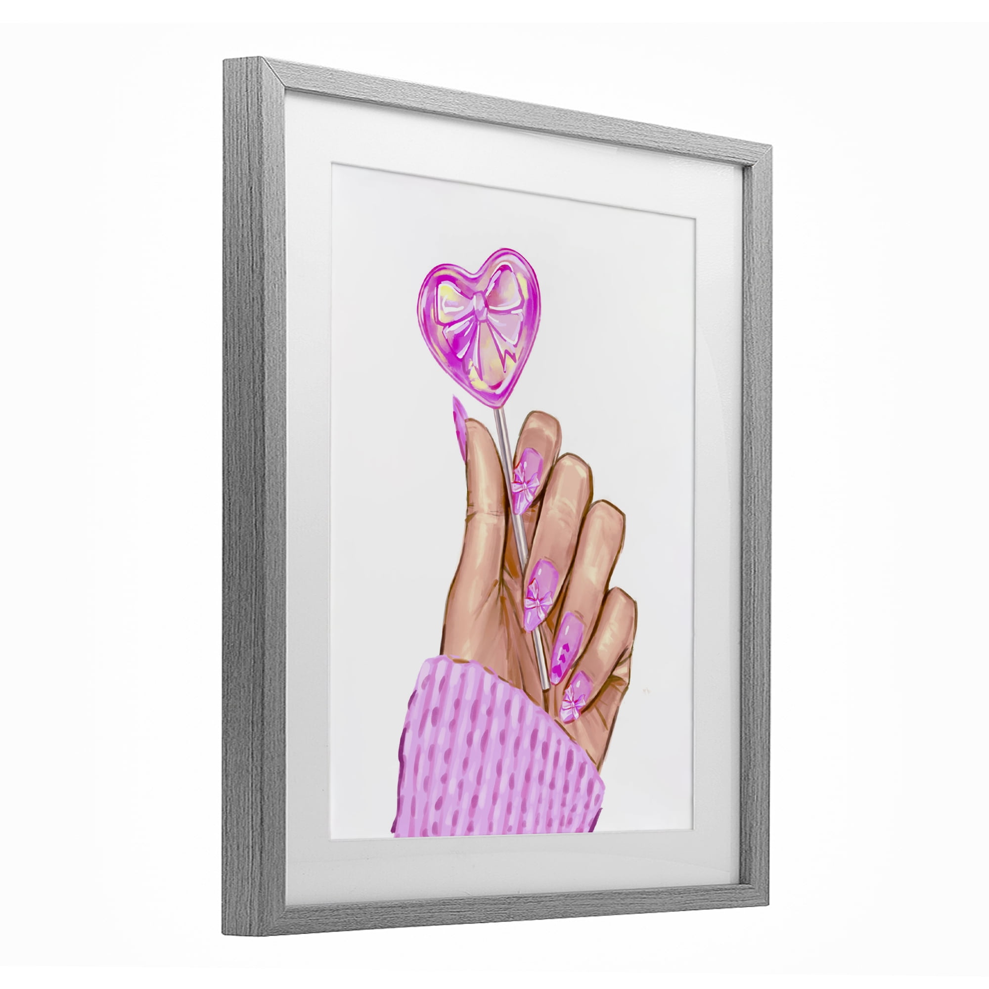 Pink Fashion Bow Lollipop Gray Framed Print Under Glass, design by Ziwei Li
