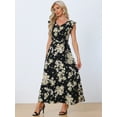 thumbnail image 4 of Unique Bargains Women's Floral Print Ruffle Sleeve Maxi Dress with Belt XS Black, 4 of 6