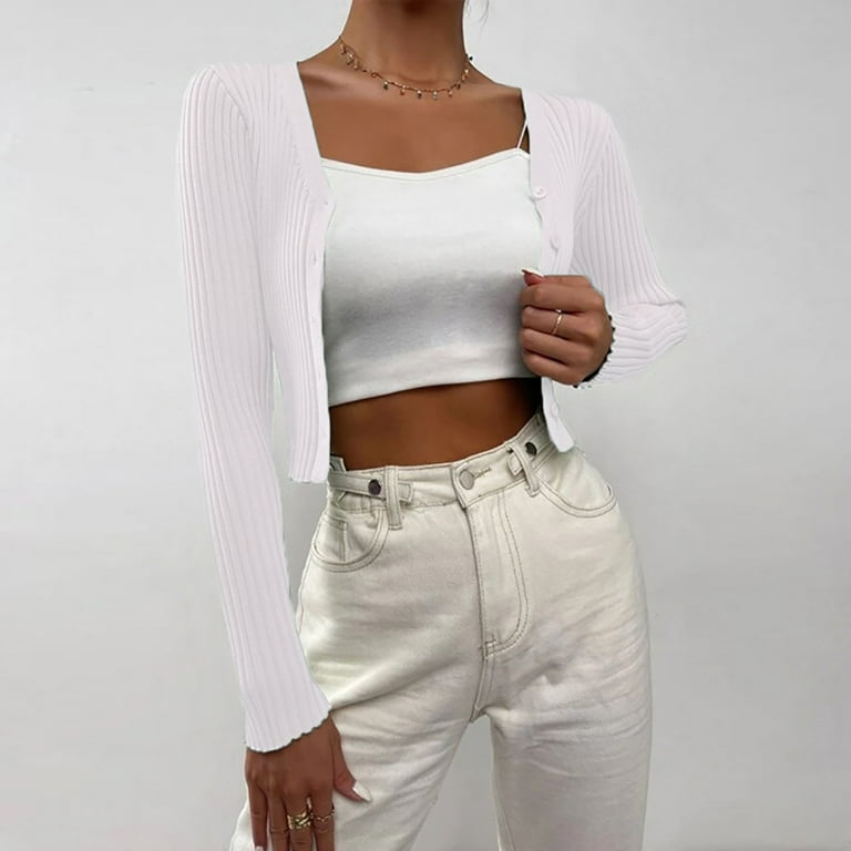 Mnjin Spring Fall Short Cardigan Women Long Sleeve Open Front Knit Cropped Cardigans For Women Thin Sweater Tops White XL Walmart