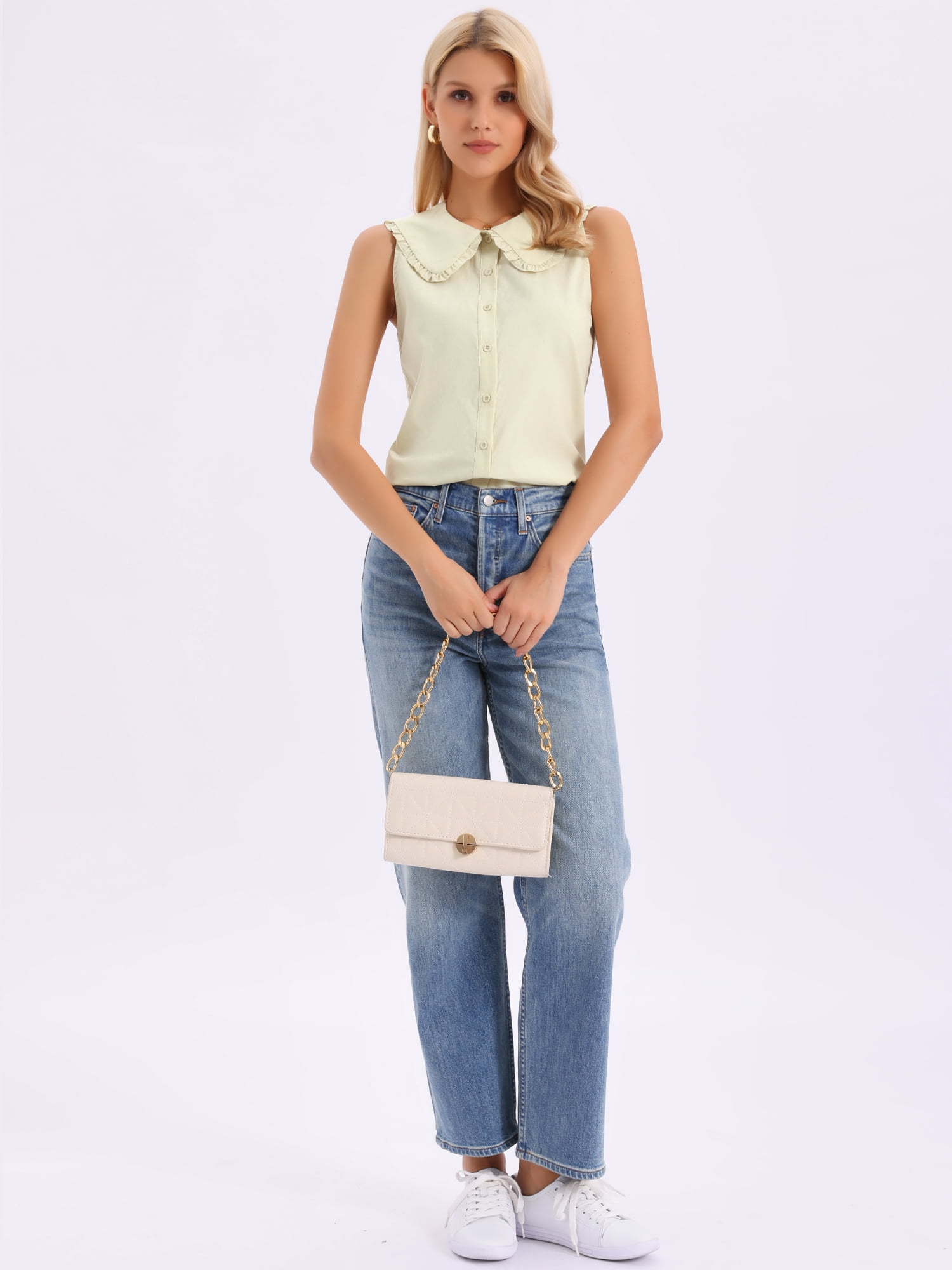 DARING DIVA Women's Button-Down Peter Pan Collar Tank Tops XS Apricot