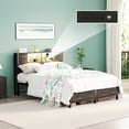 thumbnail image 2 of Homieasy Full Size Bed Frame with Charging Station and LED Lights, Industrial Platform Metal Bed with Headboard and Storage, Steel Slat Support, No Box Spring Needed, Noise-Free, Black Oak, 2 of 8