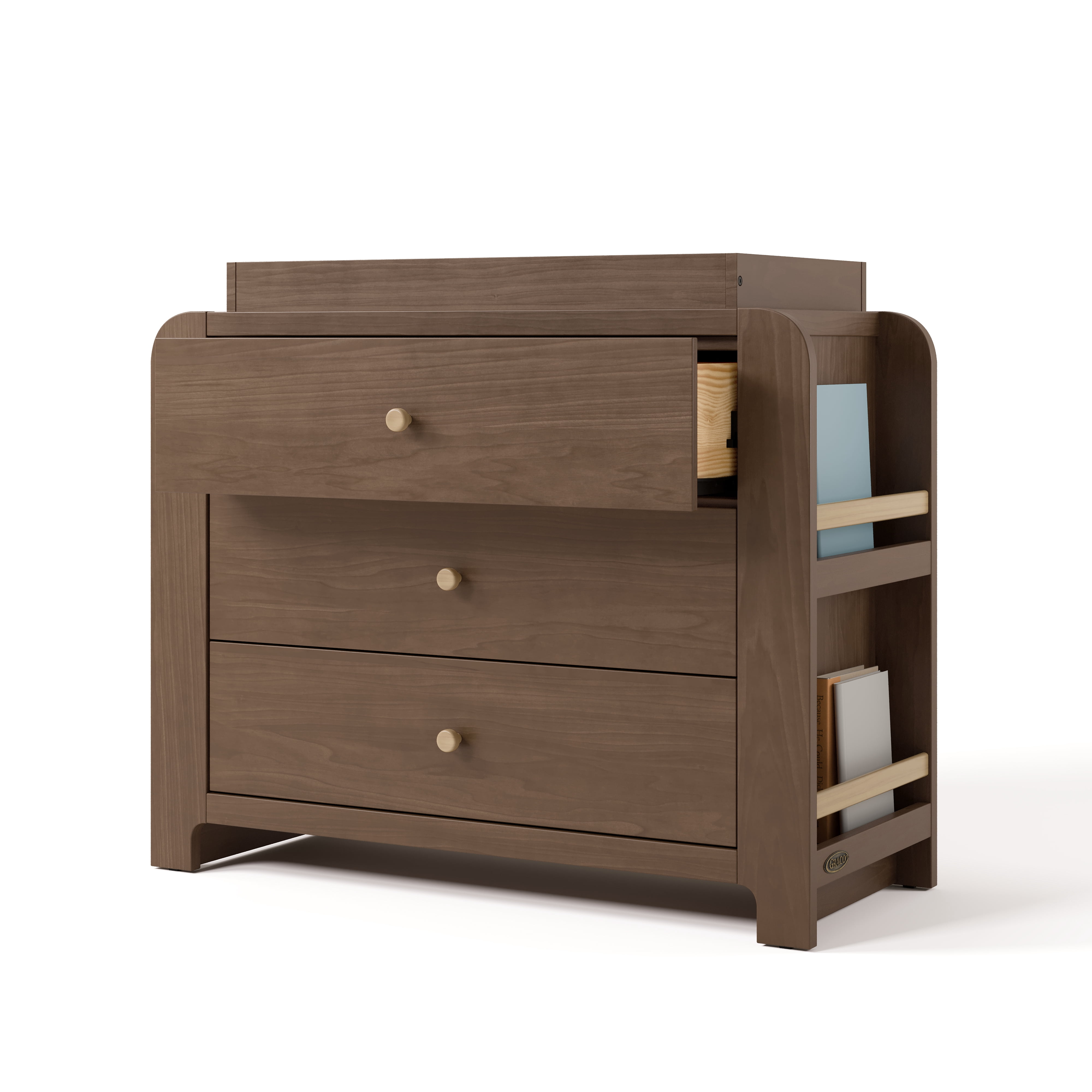 Graco Read-with-Me 3 Drawer Chest with Bookshelves and Removable Changing Topper, Hazelnut with Driftwood