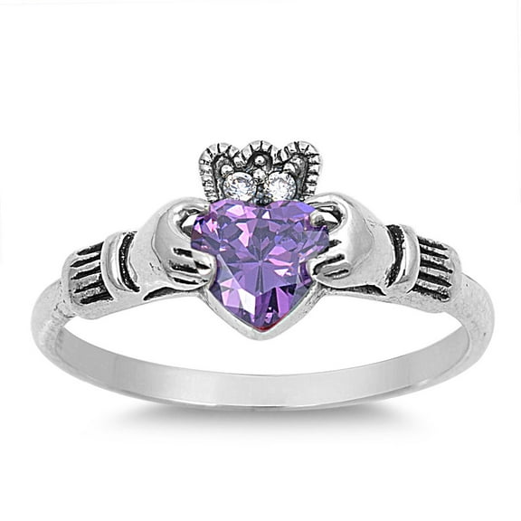 Claddagh Grace Simulated Amethyst Cubic Zirconia Ring Sterling Silver 925