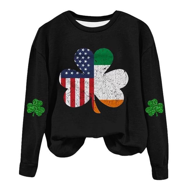 AherBiu Chandails en Molleton de la Saint-Patrick pour Femmes Col Rond Manches Longues Imprimé Trèfle Doublé en Polaire Vêtements de Printemps
