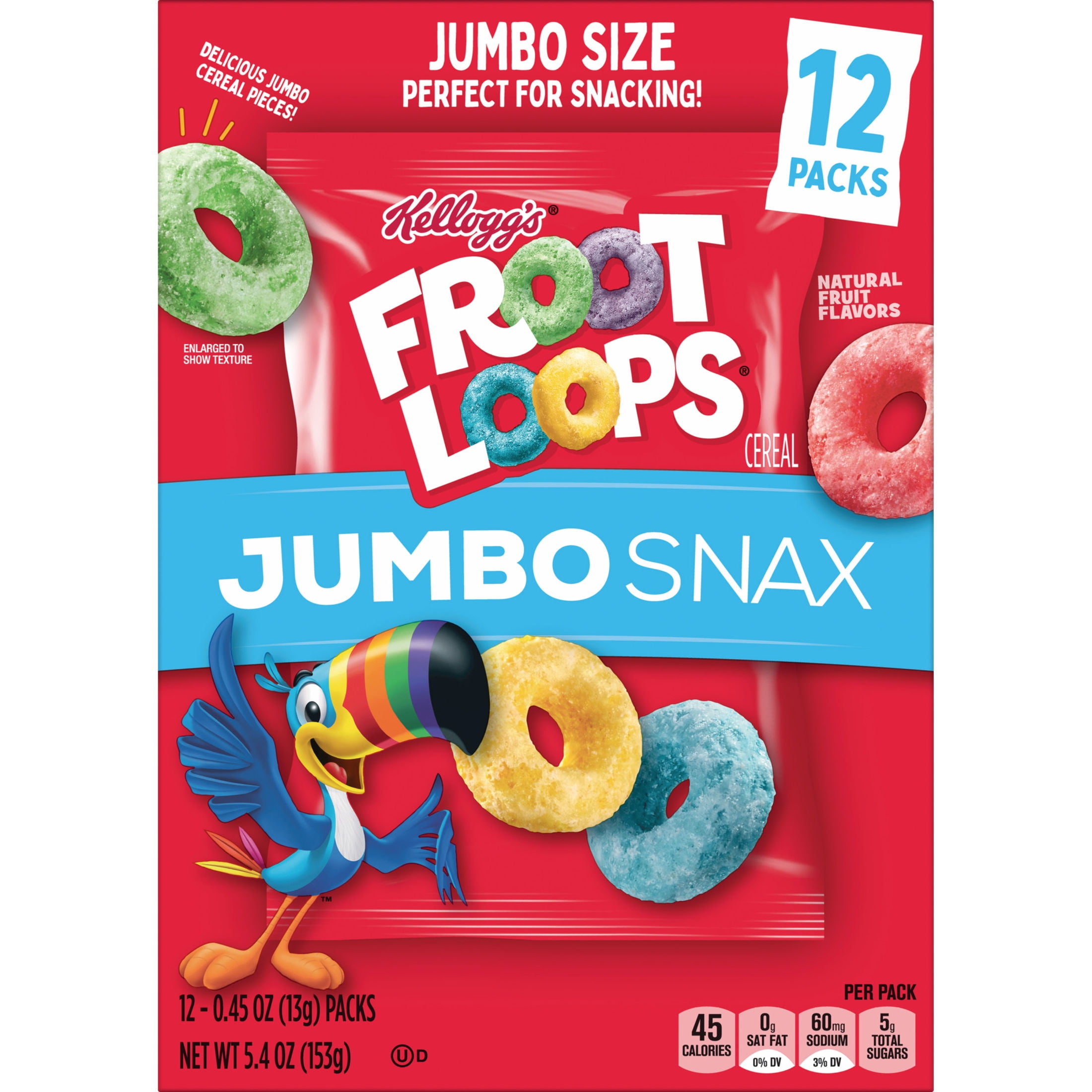 Kellogg's Jumbo Snax Froot Loops Original Cereal Snacks, Kids Snacks, 5.4 oz, 12 Count