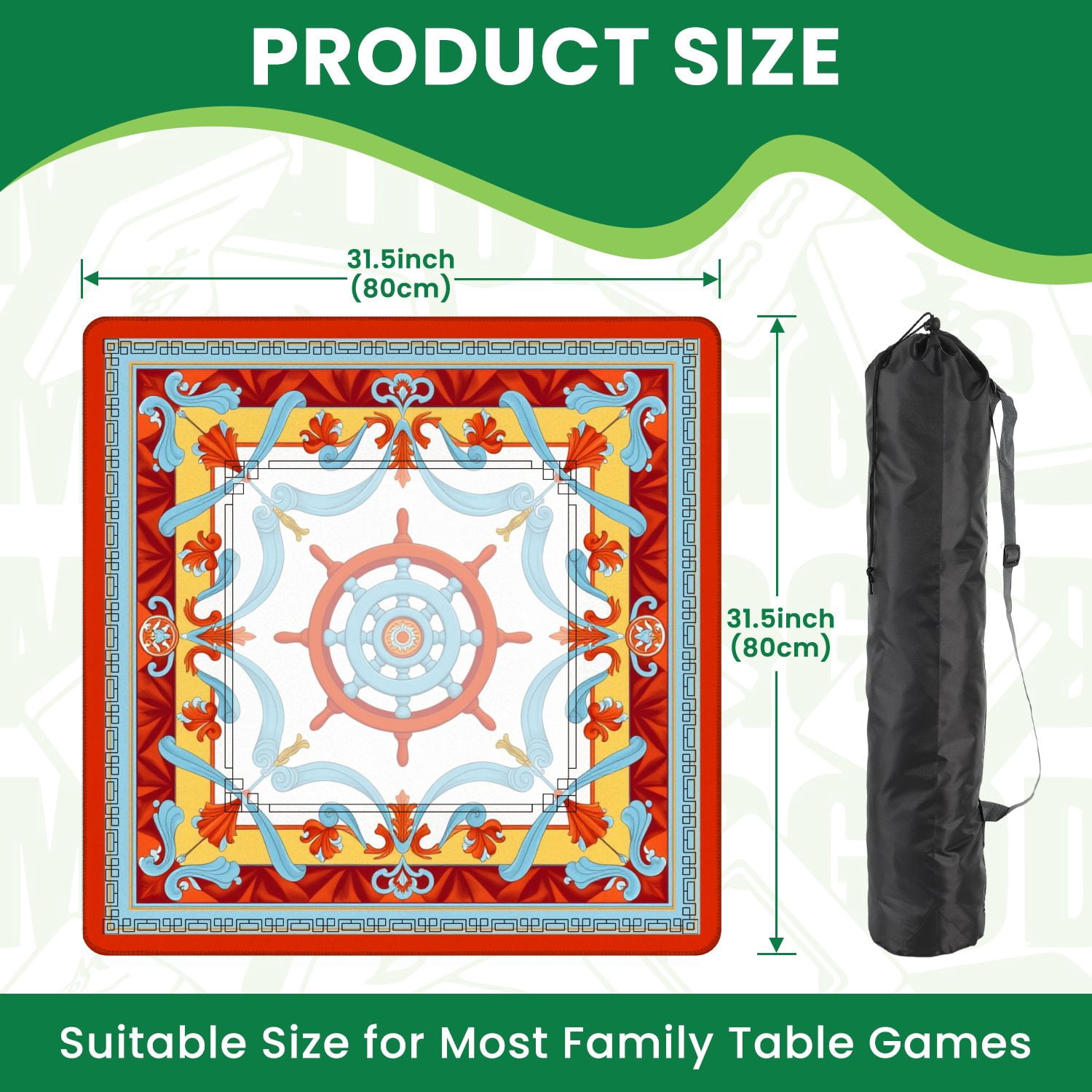 Mahjong Mat 31.5" x 31.5" Nautical Ship Wheel Red Blue Orange Ornamental Design Non-Slip Noise Reduction American Mahjong Tiles Table Cover for Dominoes Poker Card Board Games Gift
