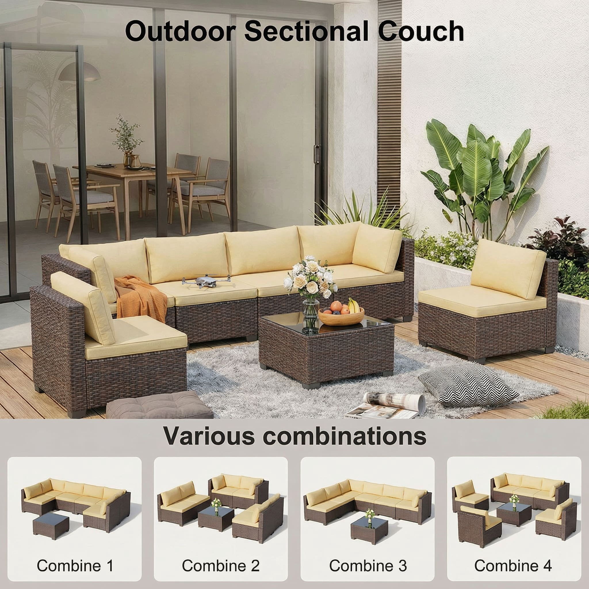 7-Piece Beige Outdoor Wicker Sectional Furniture Kit – PE Rattan Patio Set with Cushioned Seats & Glass Coffee Table, Perfect for Porch, Garden and Balcony