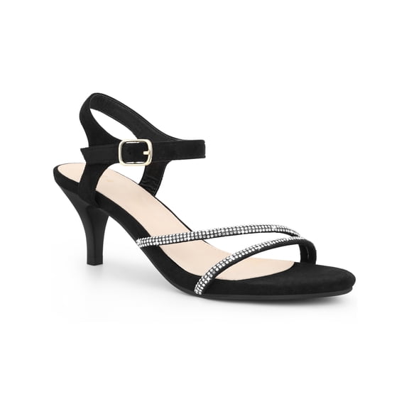BLISSFUL STEP Women's Rhinestones Heels Slingback Kitten Heel Sandals Black (Size 5.5)