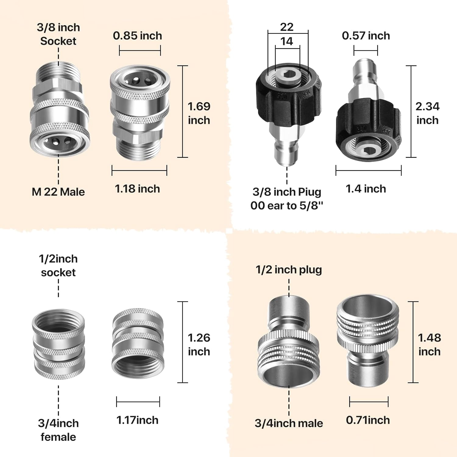 Pressure Washer Adapter Set, Stainless Steel Quick Disconnect Kit, M22 14 mm Quick Connect Swivel to 3/8'' Quick Connect Fittings, 3/4" to Quick Release 9 Sets