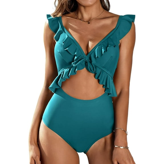 Attraco Womens One Piece Swimsuits V Neck Front Ruffle Cut Out Strappy Monokinis Swimwear Bathing Suits