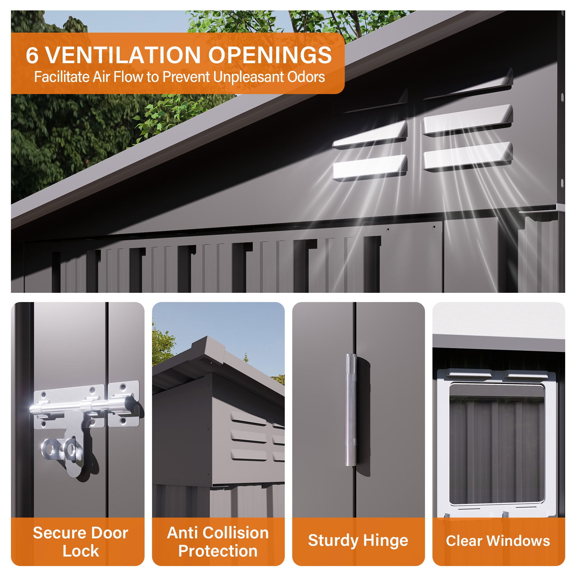 MAYEERTY 4x9 FT Metal Outdoor Storage Shed, Galvanized Steel Garden Shed with 6 Vents & Lockable Doors, for Backyard, Garden, Patio & Lawn