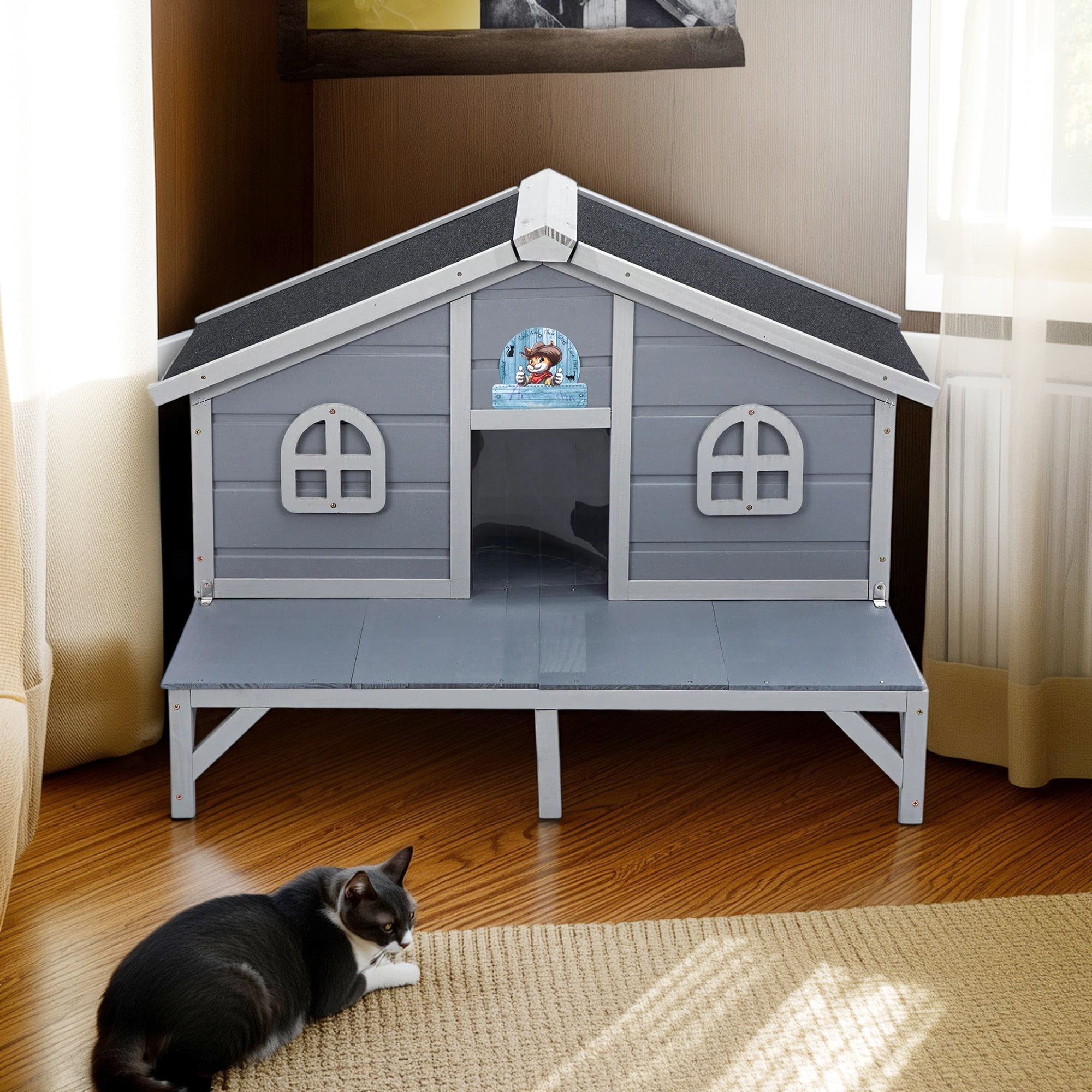 Pefilos 43" All Weather Wooden Cat House for Indoor and Outdoor Weatherproof Cat Shelter with Escape Door, Fringe Curtains, Gray