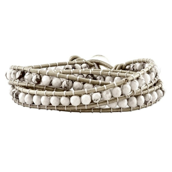 White Howlite Beaded and Leather Multi wrap Bracelet 7mm Wide Wrap Bracelet for Women