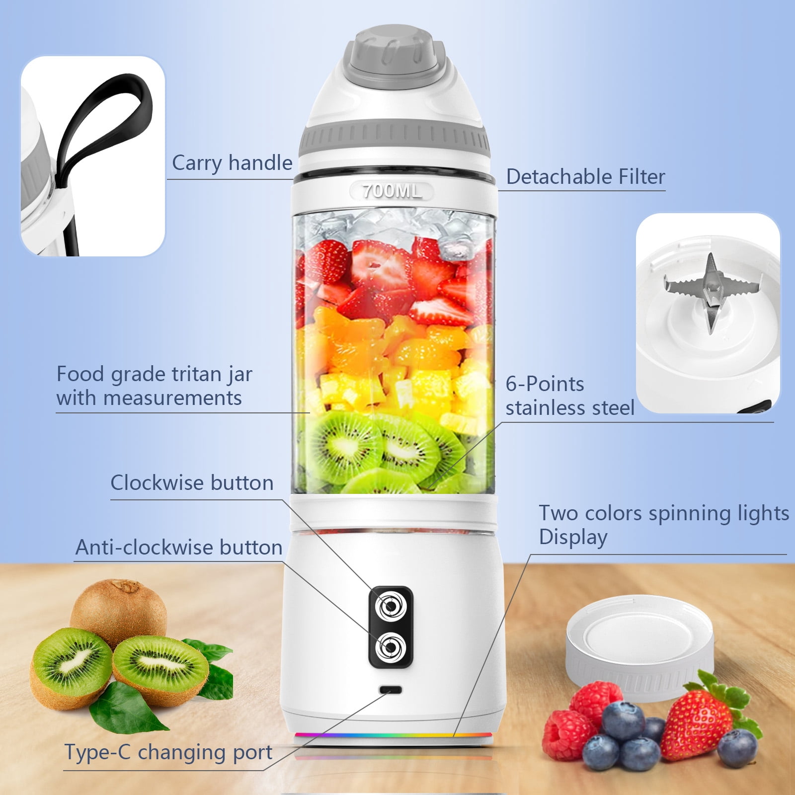 Portable Blender,Fimilo Personal Blender 240 Watt for Shakes and Smoothies with 6 Metal Blades, 24 oz Mini Blender Cup with Travel Lid and USB Rechargeable for Office, Gym, Kitchen (Gray)