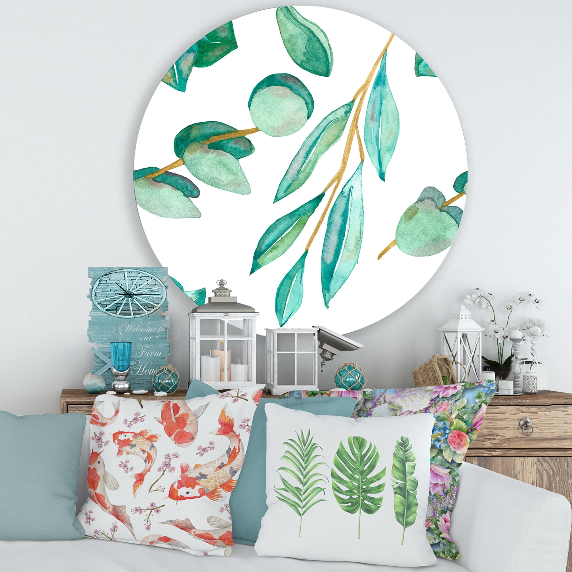 Designart 'Young Eucalyptus Branches and Leaves III' Traditional Circle Metal Wall Art 29x29 - Disc of 29