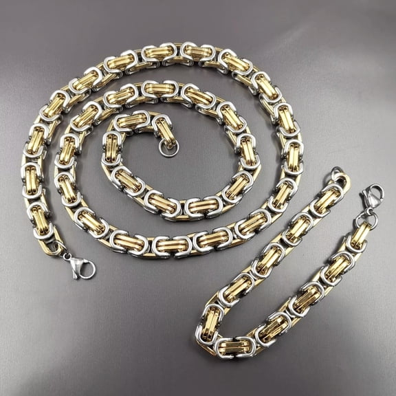 HOOUN Heavy Stainless Steel Byzantine Chain Necklace Bracelet for Men Jewelry Sets 8mm