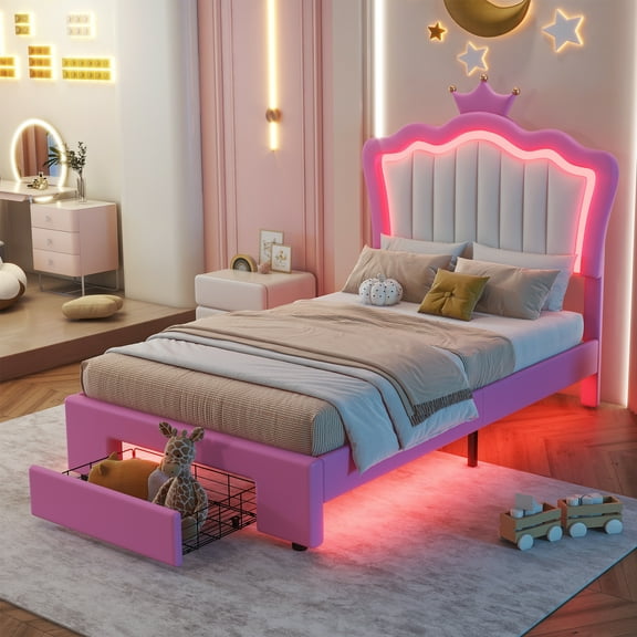 Miniyam Upholstered Twin Size Bed with LED Lights, Crown Headboard for Kids, Pink
