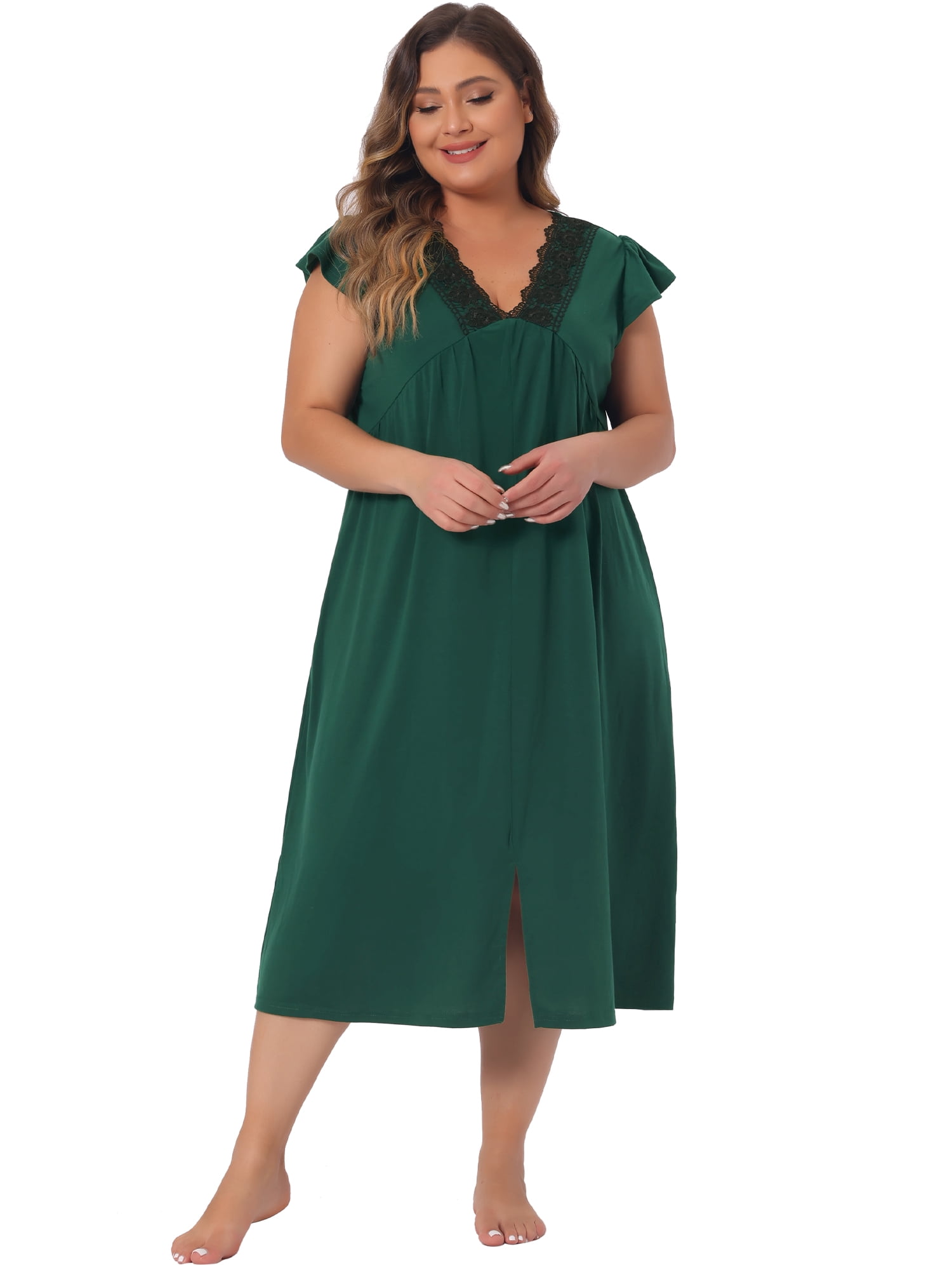 DARING DIVA Women's Plus Women's Lace V Neck Short Sleeves Nightshirt 1X Dark Green