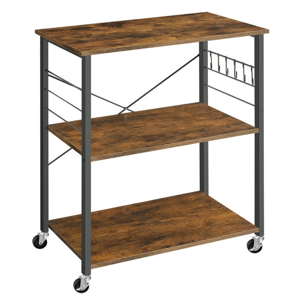 VASAGLE Kitchen Shelf on Wheels, Serving Cart with 3 Shelves, Kitchen Cart, Microwave Shelf, for Mini Oven, Toaster, with 6 Hooks, Industrial Style, Rustic Brown and Black