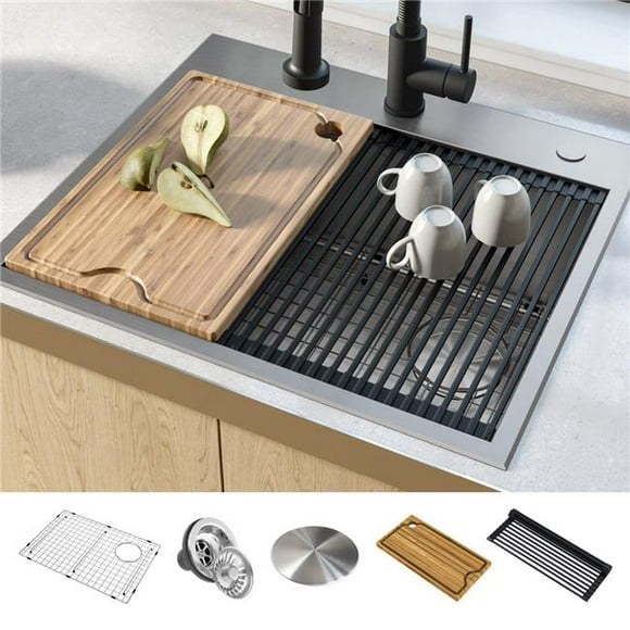 Kraus KWT311-25 25 in. Kore Workstation Drop-in or Undermount 16 Gauge Single Bowl Stainless Steel Kitchen Sink with Accessories - Pack of 5