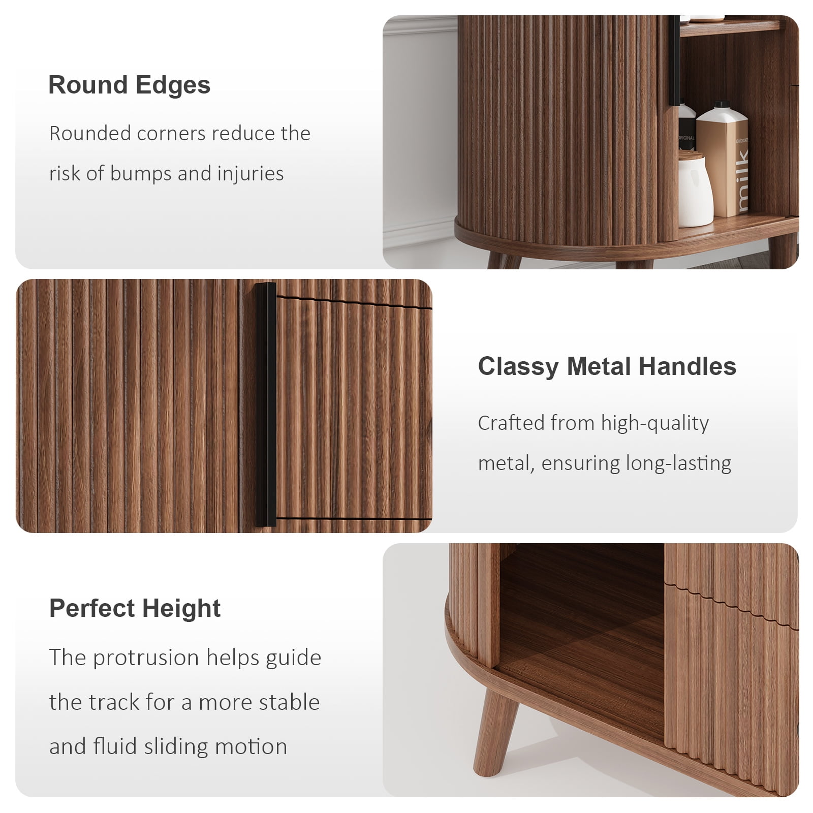 Hommoo Sideboard Buffet Cabinet with 2 Sliding Tambour Doors and 3 Drawers, Credenza Storage Cabinet with Adjustable Shelves for Living Room, Walnut