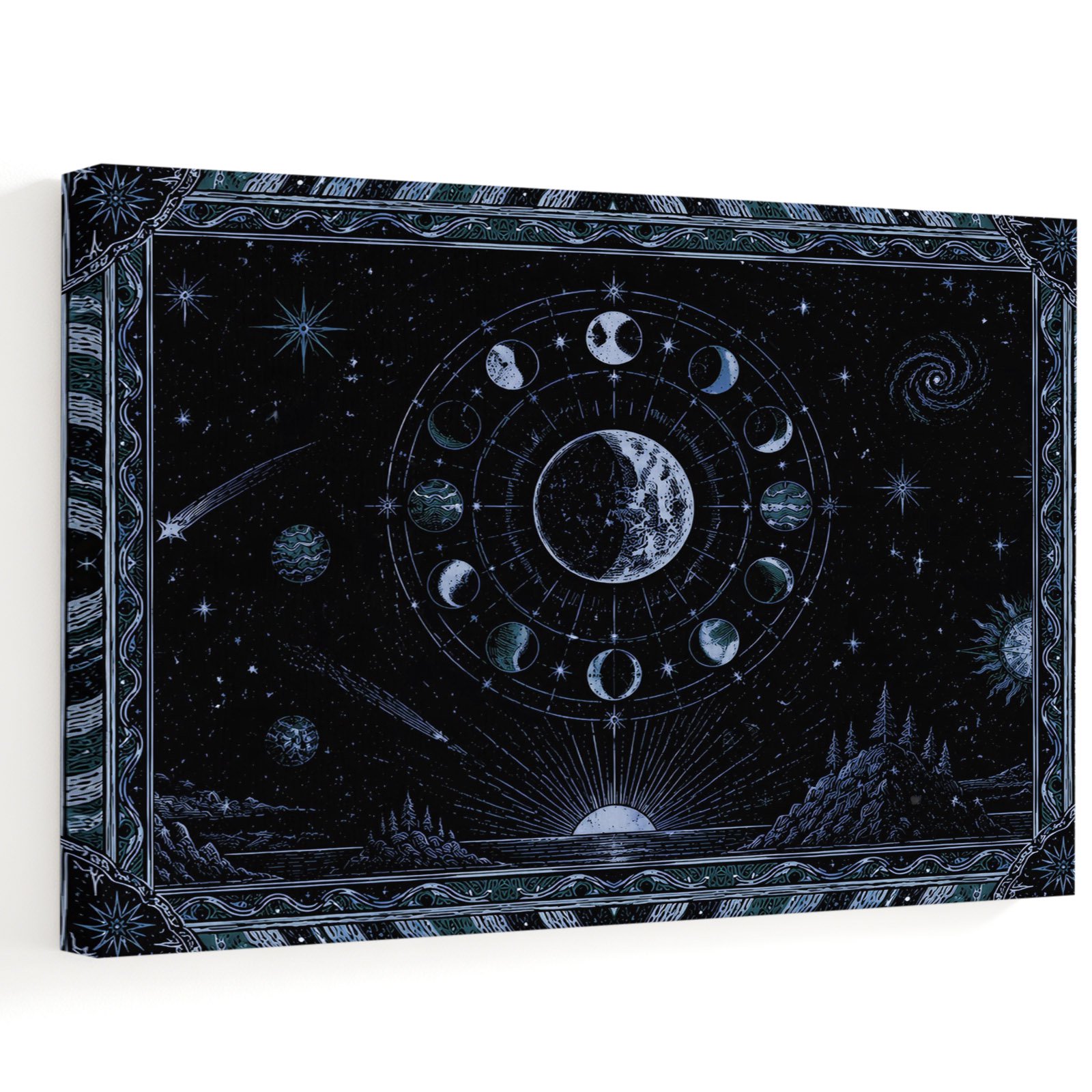 Mystical Lunar Phase Canvas Wall Art 12 x 8 Navy Blue Moon Midnight Constellations Black Frame Picture Prints Ready to Hang Waterproof Artwork Decor for Bathroom Kitchen Corner Bedroom Entryway