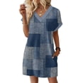 thumbnail image 2 of Women's Fashion Geometric Grid Print V-Neck Short Sleeve Casual Dress with Pocket, Pullover Summer Dress, Comfortable Loose Fit, Stylish Ladies Wear,Dark Blue,M, 2 of 8