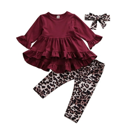 

xingqing Toddler Baby Girl Ruffle Dress Set Long Sleeve Dresses Shirt Top Leopard Pants Headband 3PCS Kids Fall Winter Outfits Red 4-5 Years