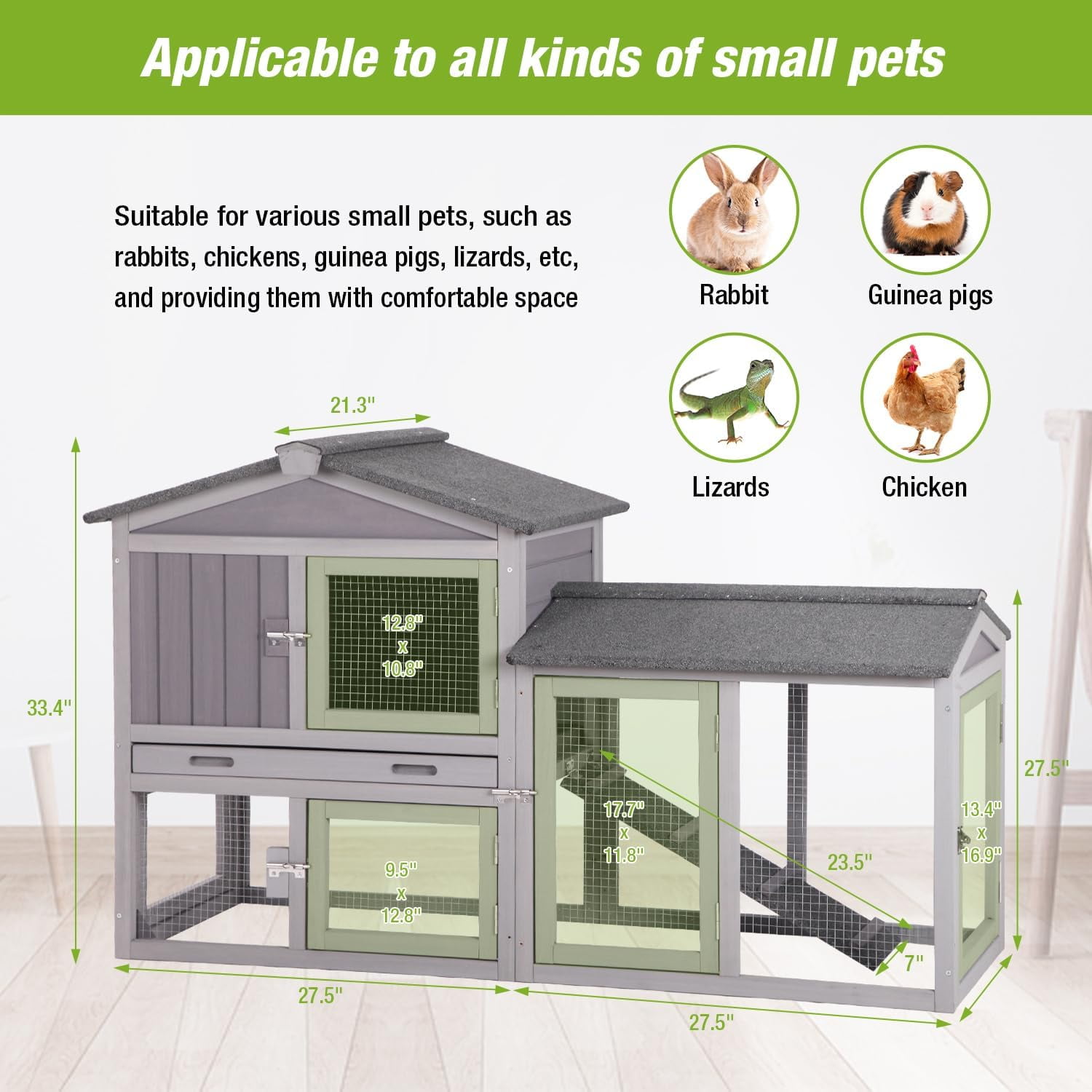 MEDEHOO Rabbit Hutch Outdoor No Leak Plastic Tray Bunny Cage Indoor with Large Run Space Extensible Chicken Coop