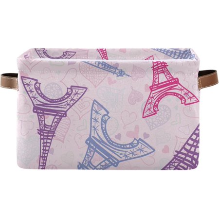 Shukong Pink Eifel Tower Paris Storage Baskets for Shelves Organizer Baskets with Metal Frame Closet Storage Bins Fabric Bins Cubes with PU Handles for Organizing Shelf Nursery Toys 2PACK
