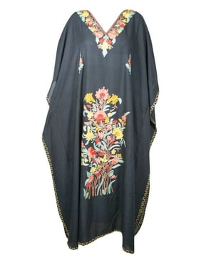 Mogul Women Black Floral Embroidery Caftan Dress V-Neck Kimono Resort Wear Cover Up Kaftan Maxi Dresses 3XL