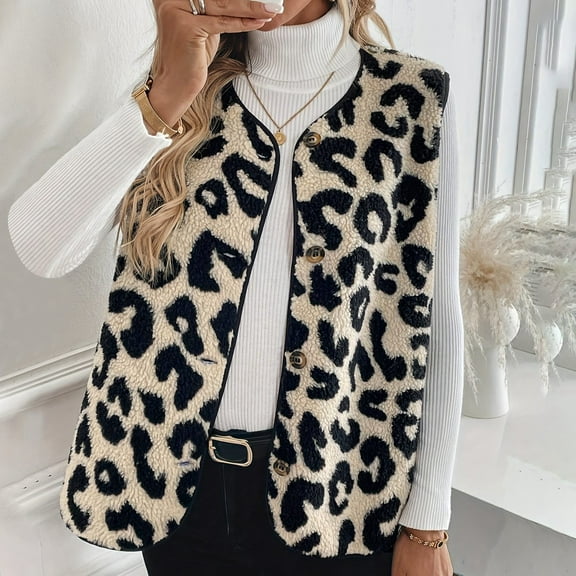 Krdevn Women's Leopard Print Button Up Vest Trendy Sleeveless Outerwear for Fall and Winter,XXL