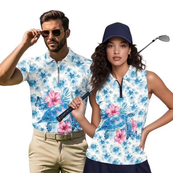 HUIACONG Sea Turtle Matching Golf Shirts for Couples Mens Short Sleeve Golf Shirt Sleeveless Golf Tops for Women 1/4 Zip Collared Moisture Wicking Quick Dry Daily Exercise Wear Woman S
