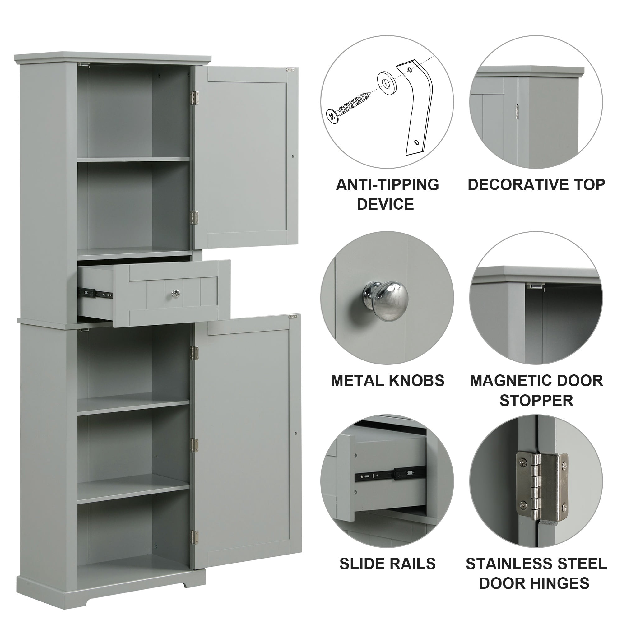 Bellemave 67.3”H Tall Bathroom Storage Cabinet Freestanding Storage Cabinet with 1 Drawer and 2 Doors Wooden Floor Cabinet with Adjustable Shelves for Home, Kitchen, Living Room, Gray